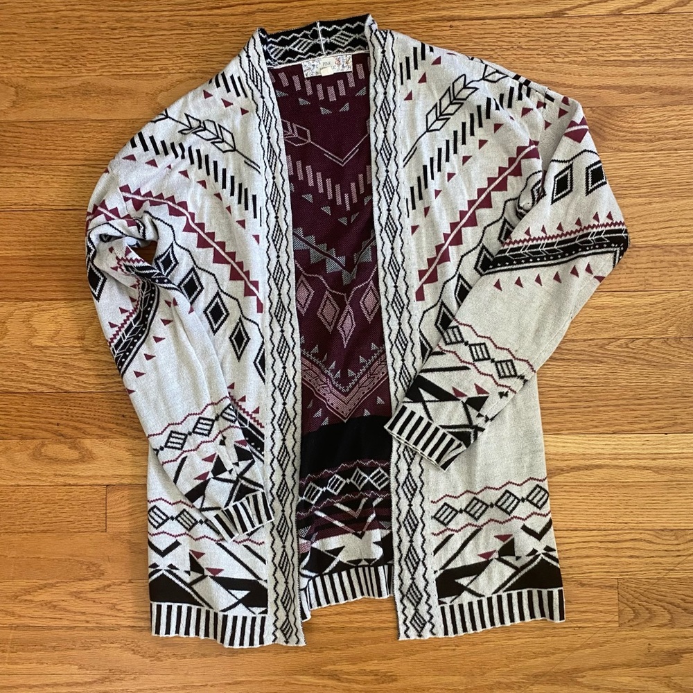 Pink Republic Open Cardigan Women’s Large Burgundy Cream Black Aztec Geometric